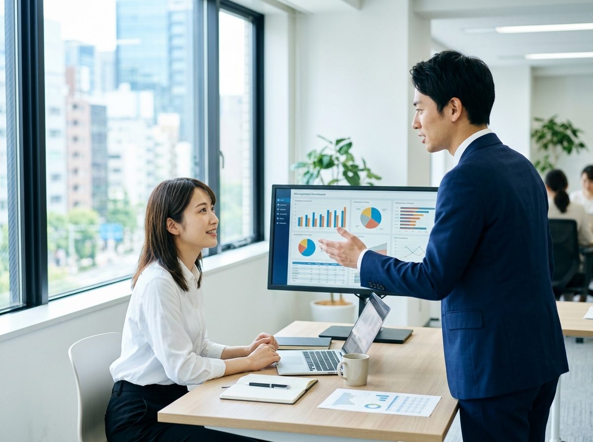 オフィスで採用データを確認するスタッフ