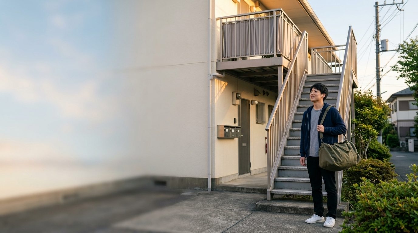 朝の光の中、荷物を持って新しい寮へ向かう若い男性