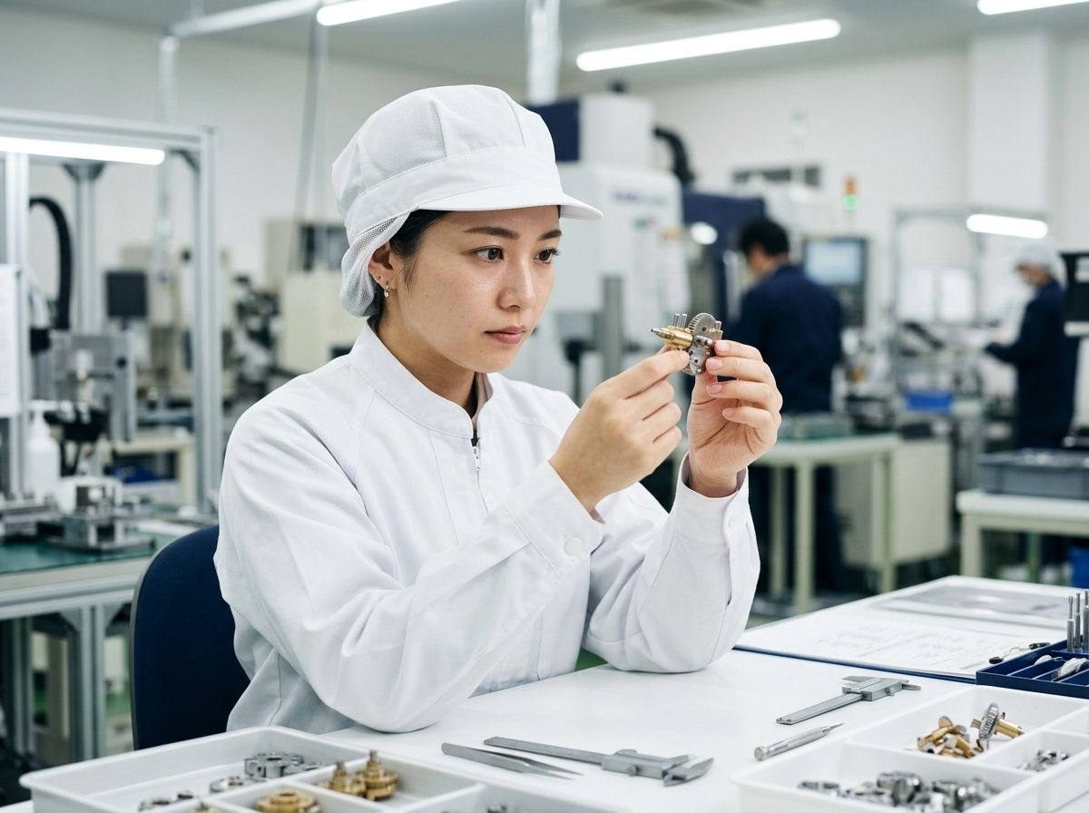 明るい検査台で製品を目視確認するスタッフ
