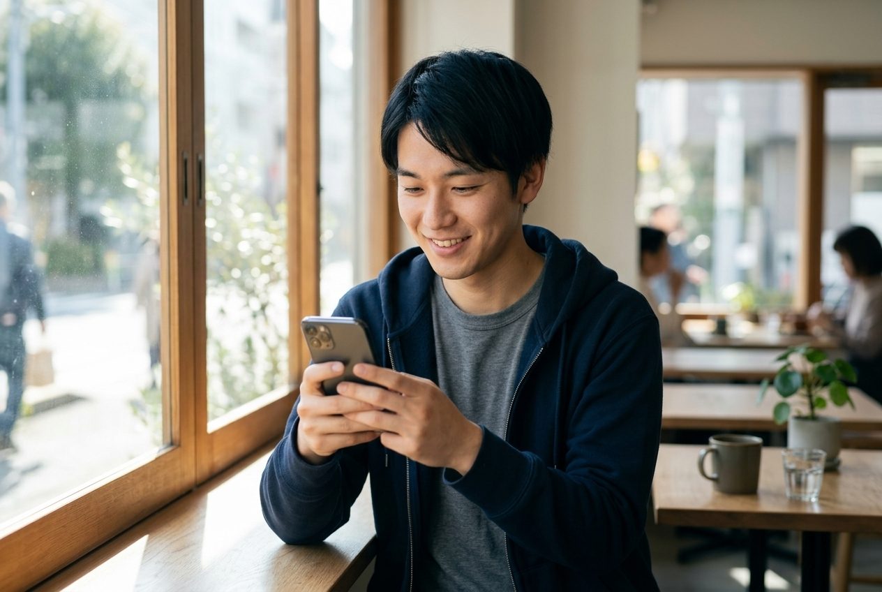 スマートフォンで担当者とやりとりしながら求人を確認する男性