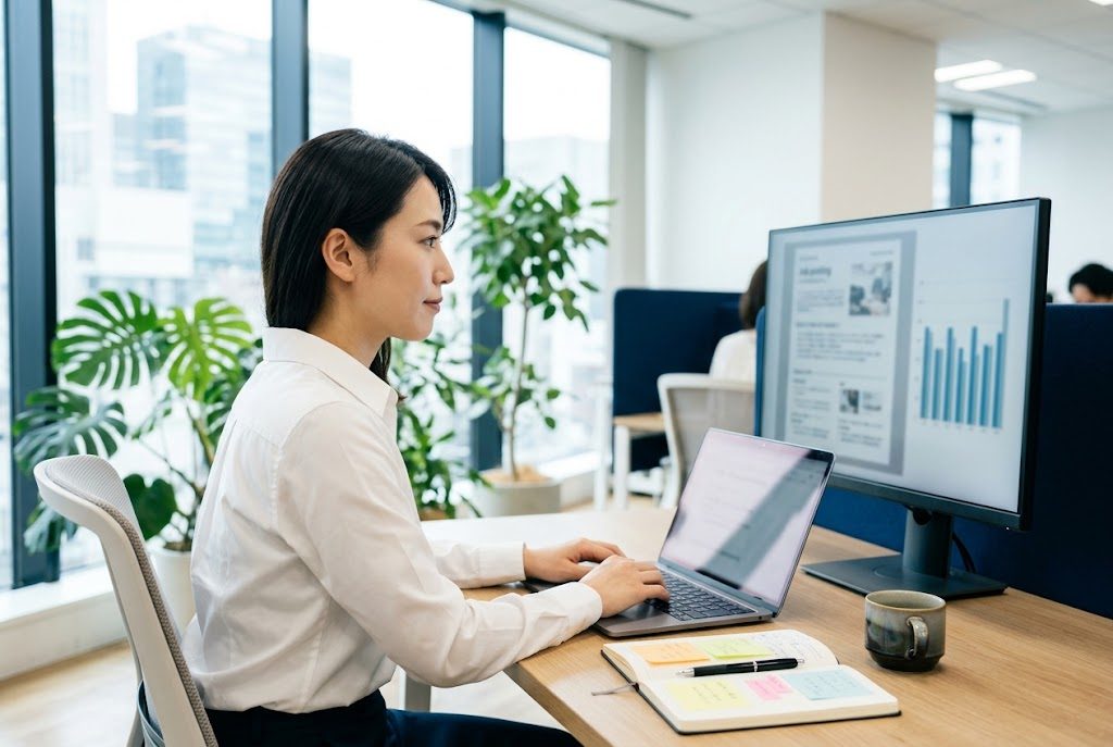 求人原稿と応募データを確認しながら作業するスタッフ