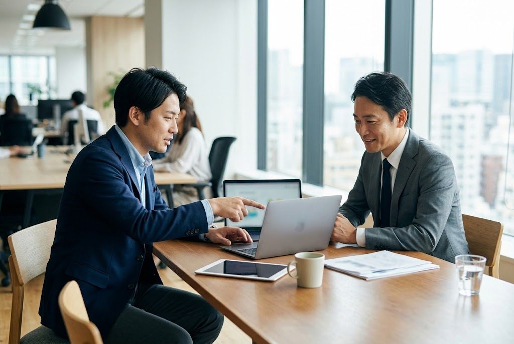 採用管理の仕組みについて企業担当者に説明する様子